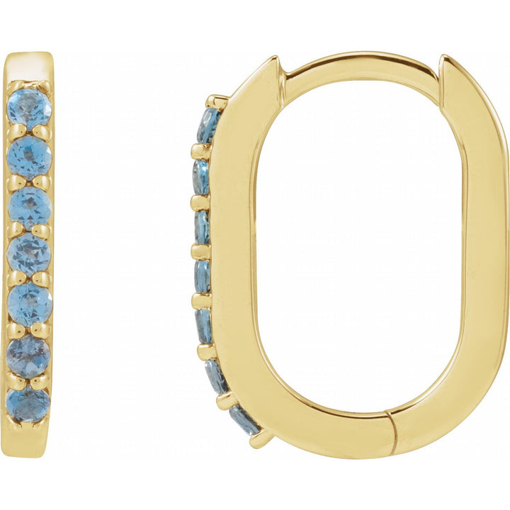 14K Gold London Blue Topaz Hoop Earrings — supplier front/side views; sold as one pair