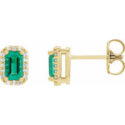 14K Gold Emerald & Natural Diamond Halo Studs — supplier front/side views; sold as one pair