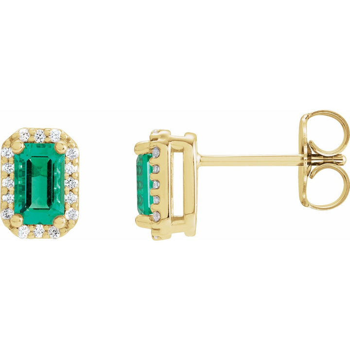 14K Gold Emerald & Natural Diamond Halo Studs — supplier front/side views; sold as one pair