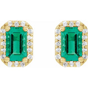 14K Gold Emerald & Natural Diamond Halo Studs — supplier front/side views; sold as one pair
