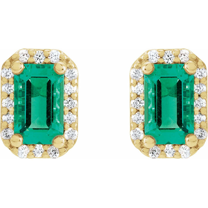 14K Gold Emerald & Natural Diamond Halo Studs — supplier front/side views; sold as one pair
