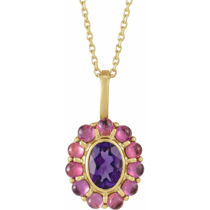 14K Gold Amethyst & Rhodolite Halo Necklace — supplier product view