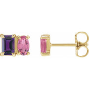 14K Gold Amethyst & Pink Tourmaline Studs — supplier front/side views; sold as one pair