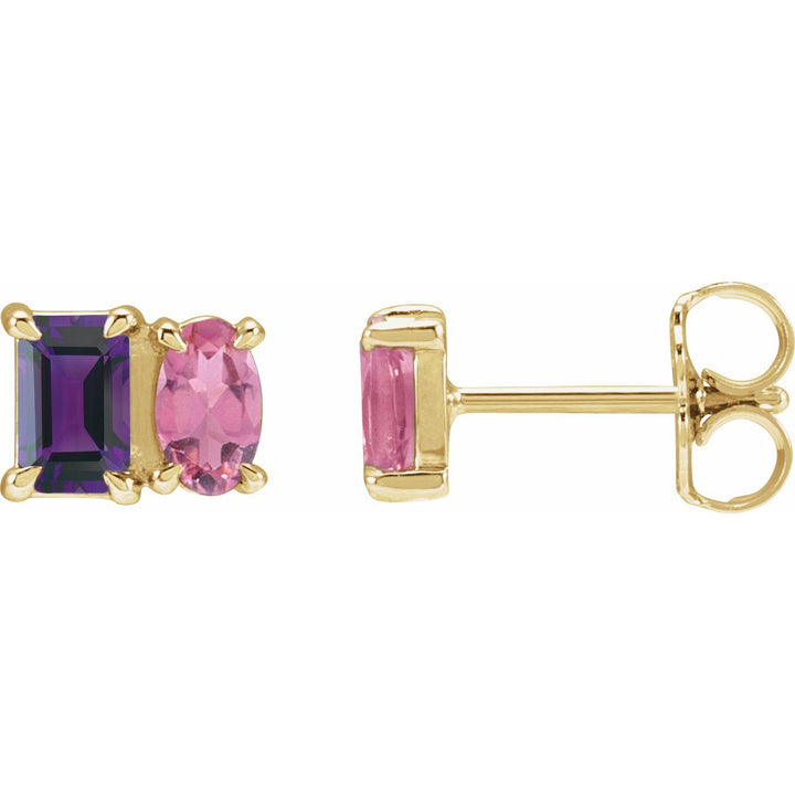 14K Gold Amethyst & Pink Tourmaline Studs — supplier front/side views; sold as one pair