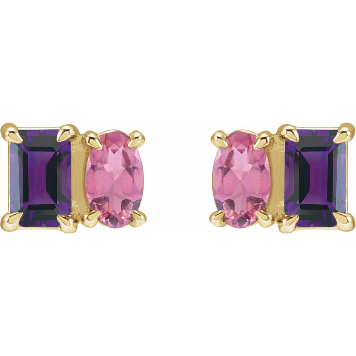 14K Gold Amethyst & Pink Tourmaline Studs — supplier front/side views; sold as one pair
