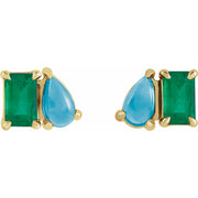 14K Gold Lab-Grown Emerald & Turquoise Studs — supplier front/side views; sold as one pair