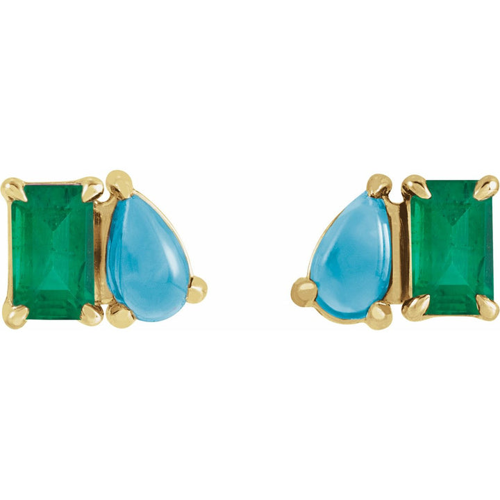 14K Gold Lab-Grown Emerald & Turquoise Studs — supplier front/side views; sold as one pair