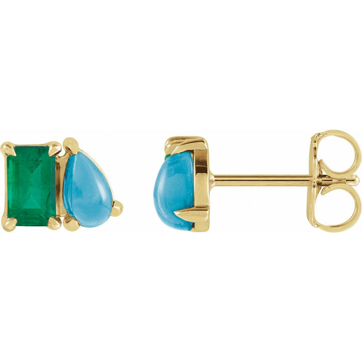 14K Gold Lab-Grown Emerald & Turquoise Studs — supplier front/side views; sold as one pair