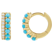 14K Gold Turquoise & Natural Diamond Huggies — supplier front/side views; sold as one pair