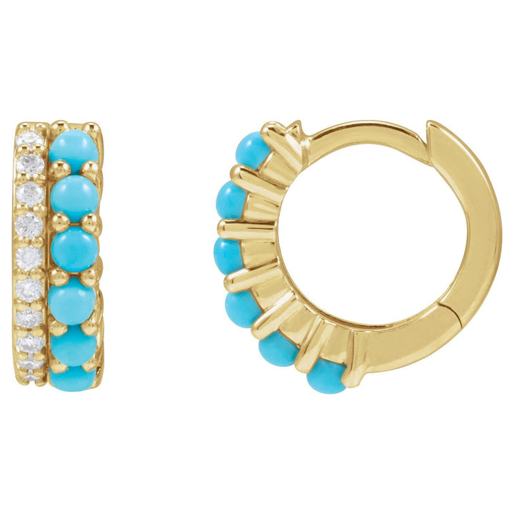 14K Gold Turquoise & Natural Diamond Huggies — supplier front/side views; sold as one pair
