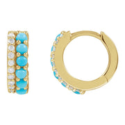14K Gold Turquoise & Natural Diamond Huggies — supplier front/side views; sold as one pair