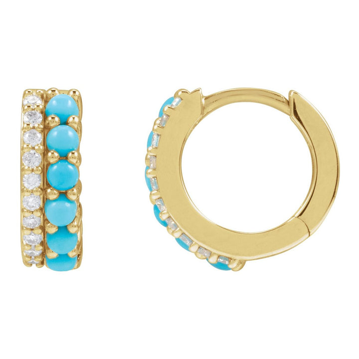 14K Gold Turquoise & Natural Diamond Huggies — supplier front/side views; sold as one pair
