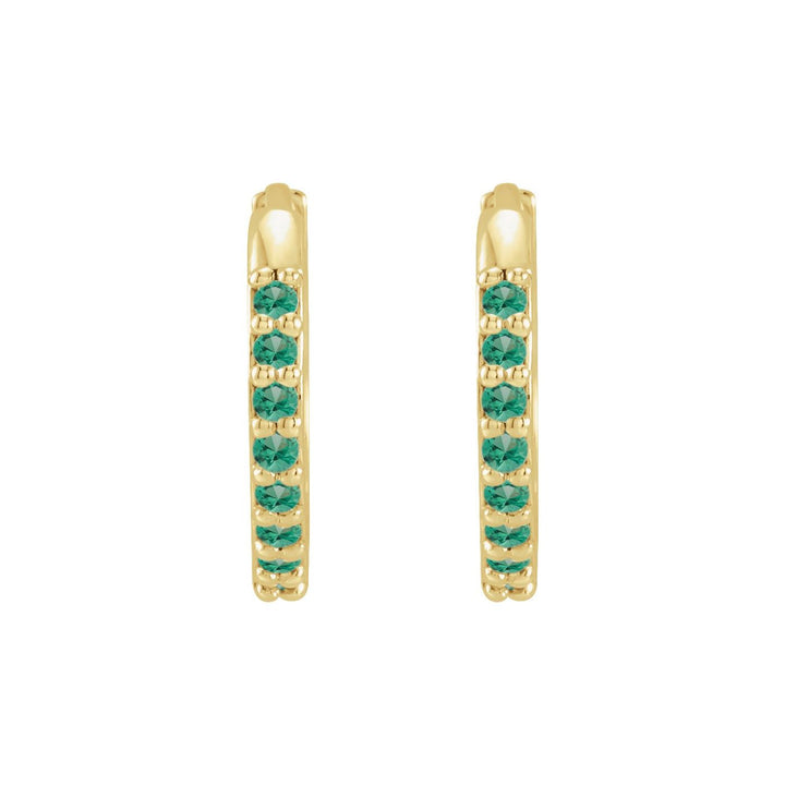 14K Gold Lab-Grown Emerald Huggie Hoops — supplier front/side views; sold as one pair