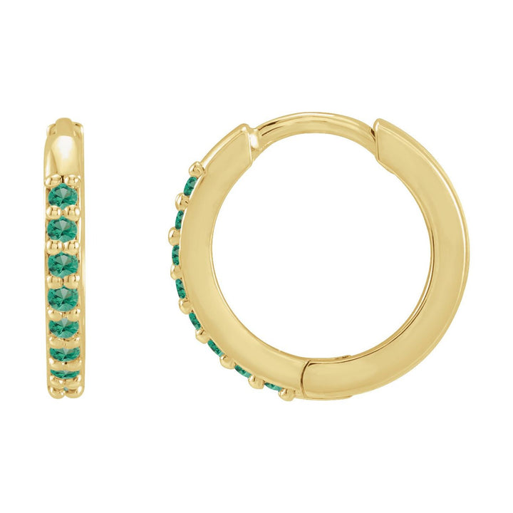 14K Gold Lab-Grown Emerald Huggie Hoops — supplier front/side views; sold as one pair