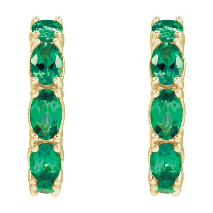 14K Gold Lab-Grown Emerald Hoop Earrings — supplier front/side views; sold as one pair