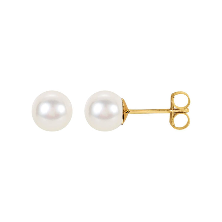 14K Gold Freshwater Pearl Button Studs — supplier front/side views; sold as one pair
