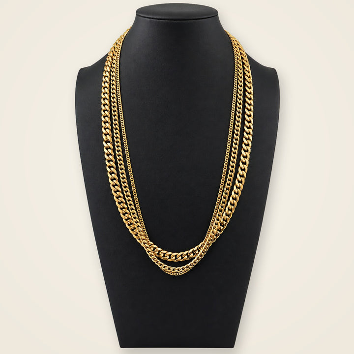 Cuban Chain Fit Kit with three sizing samples on a black bust