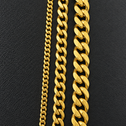 Close-up comparison of three Cuban-chain sizing sample widths