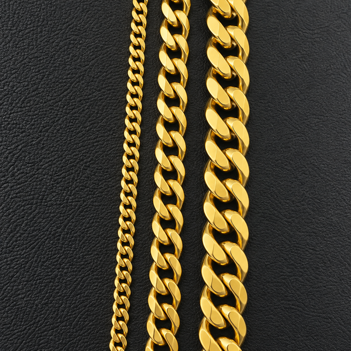 Close-up comparison of three Cuban-chain sizing sample widths
