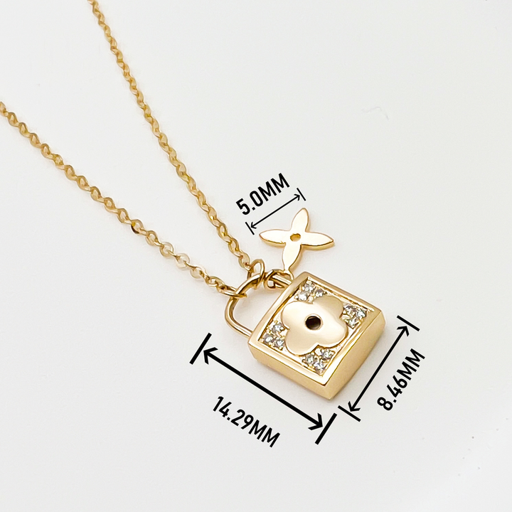 14k diamond lock necklace gold padlock pendant with flower charm and pave diamonds on delicate chain