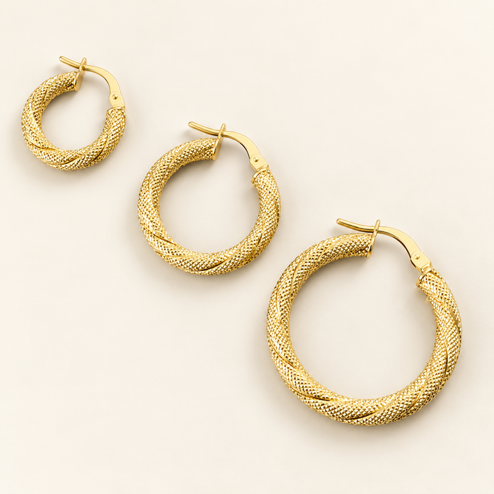AI-retouched 10K yellow gold textured twisted hoop earrings in three sizes; one pair per selected size