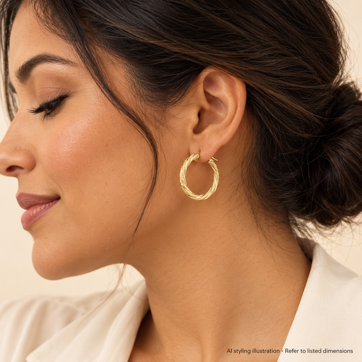 AI styling illustration of 10K gold textured hoop earrings; refer to listed dimensions