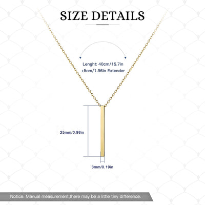 14K gold bar pendant necklace slim vertical 25mm bar on 40cm chain with 5cm extender