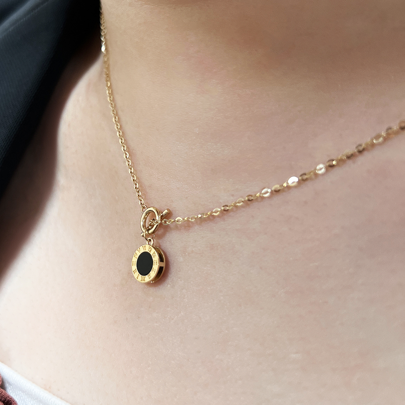 18K Roman clock necklace delicate gold chain with round black enamel pendant and Roman numerals