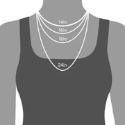 18K Roman clock necklace length guide showing 14in 16in 18in and 24in layered chain positions on a mannequin