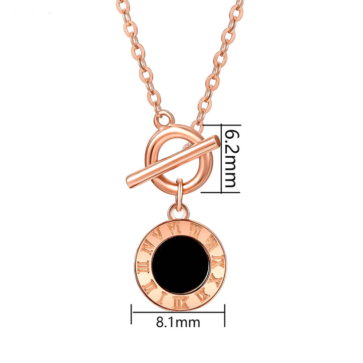 18K Roman clock necklace rose gold round pendant with black center Roman numerals and toggle clasp