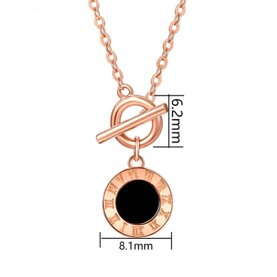18K Roman clock necklace rose gold round pendant with black center Roman numerals and toggle clasp